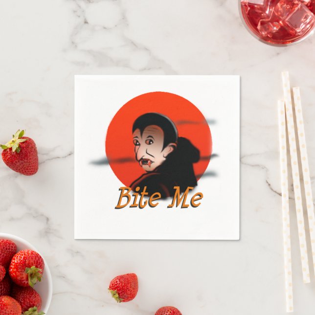Witzige Halloween-Vampire mit Fangs sagt "Bite Me Serviette (Beispiel)
