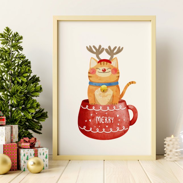 Witzige Katze im Cup Rentier Antlers Red Nose Xmas Poster (Von Creator hochgeladen)