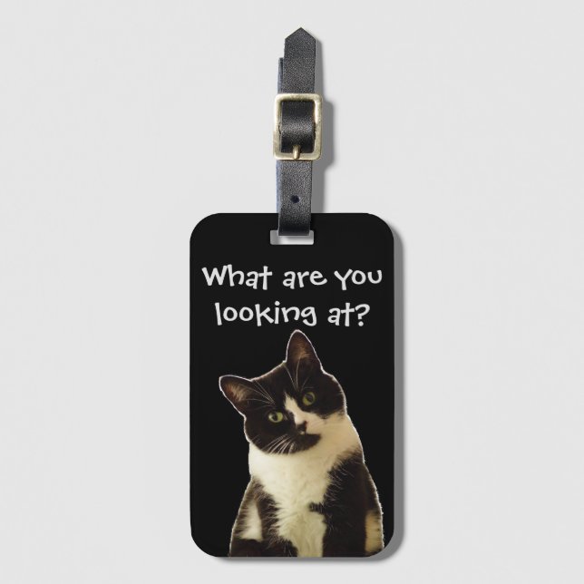 Witzige Katze "Was schaust du dir an?" Slogan Gepäckanhänger (Vorderseite Vertikal)