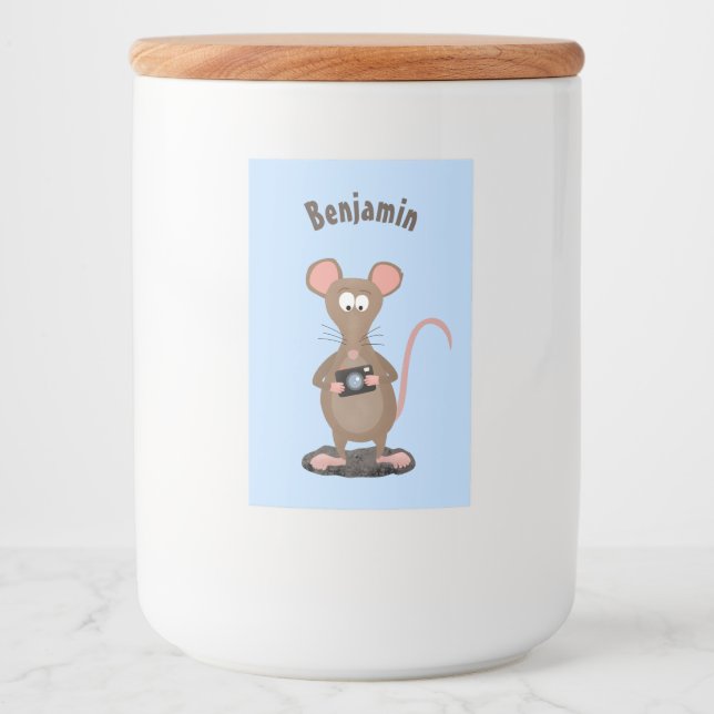 Witzige Ratte mit Kamera-Cartoon-Illustration Lebensmitteletikett (Vorderseite)