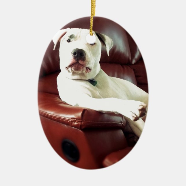 Witziger Bullenhund auf dem Sofa Keramikornament (Vorne)