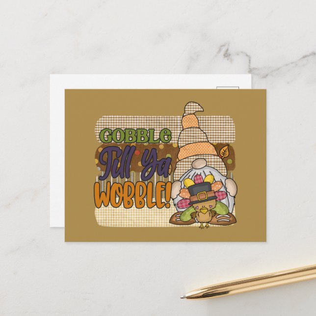 witziger Erntedank-Gobble-Gnome-Truthahn Postkarte (Vorderseite/Rückseite Beispiel)