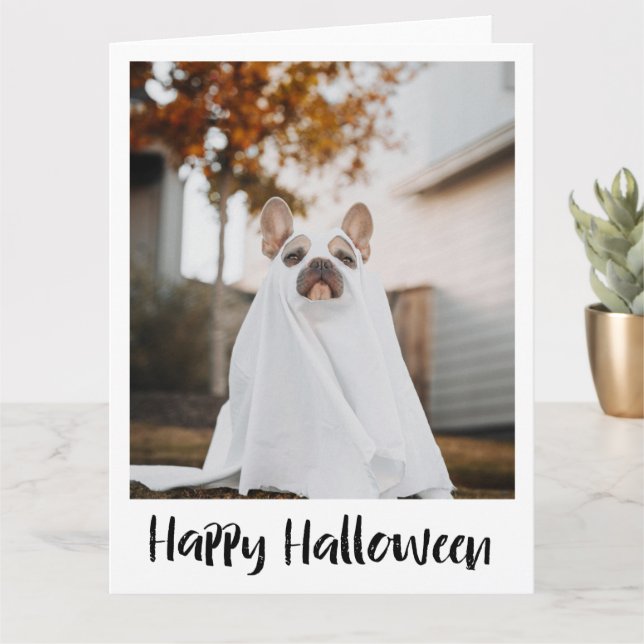 Witziger Hund in Blatt Ghost-Kostüm Halloween-Kart Karte (Kleine Pflanze)