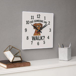 Witziger Hund "Walk?" Cartoon-Quadrat-Wandleuchte Quadratische Wanduhr