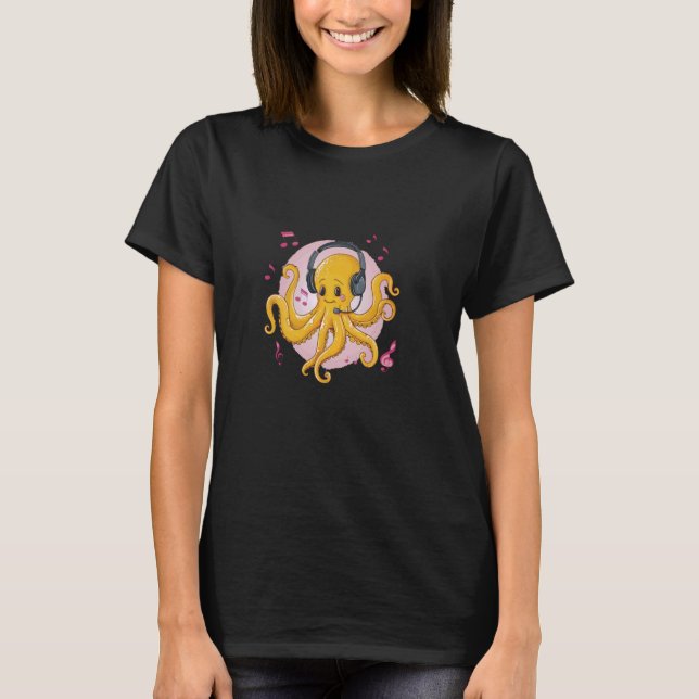 witziger Oktopus mit Kopfhörern Musiker Octopus T-Shirt (Vorderseite)