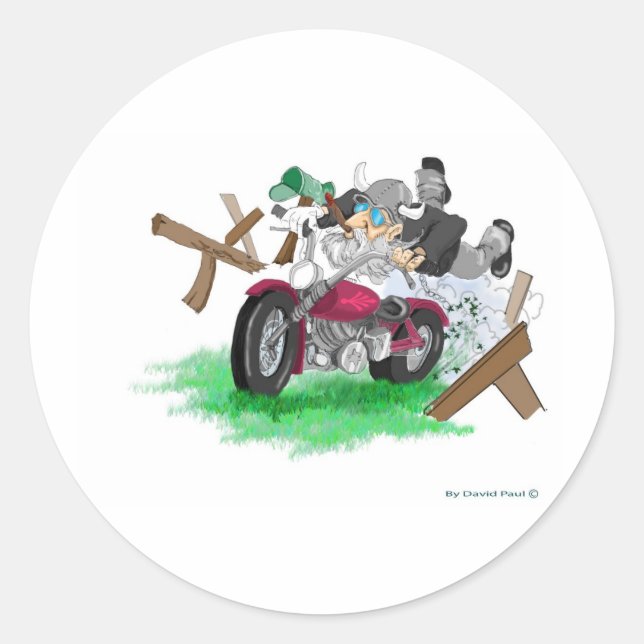 Witziges Bild des Menschen über den Motorradabstur Runder Aufkleber (Vorderseite)