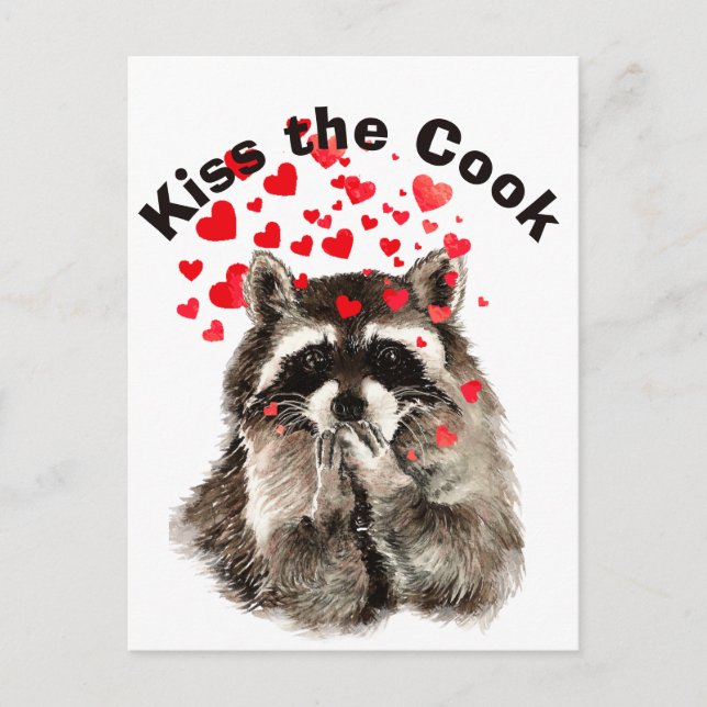 Witziges Zitat Kiss the Cook Niedliche Raccoons, T Postkarte (Vorderseite)