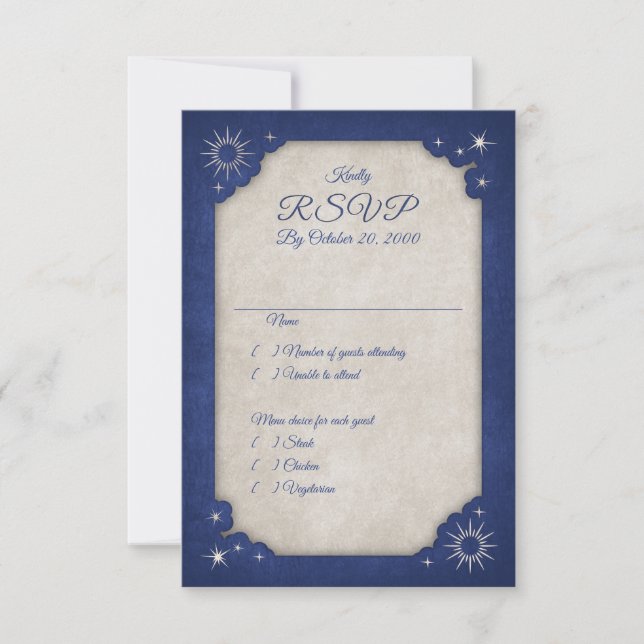 Wizard Blue Stars Owl Magic Wedding RSVP Karte (Vorderseite)