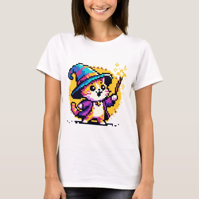 Wizard Cat - Magic Pixel Art Fantasy Design T-Shirt (Vorderseite)