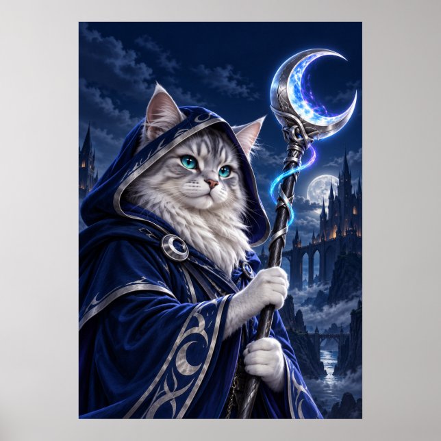 Wizard Cat Moon Magic Fantasy Art Poster (Vorne)