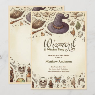 Wizard Hexen Party Magical Wands Hats Vintag Einladung