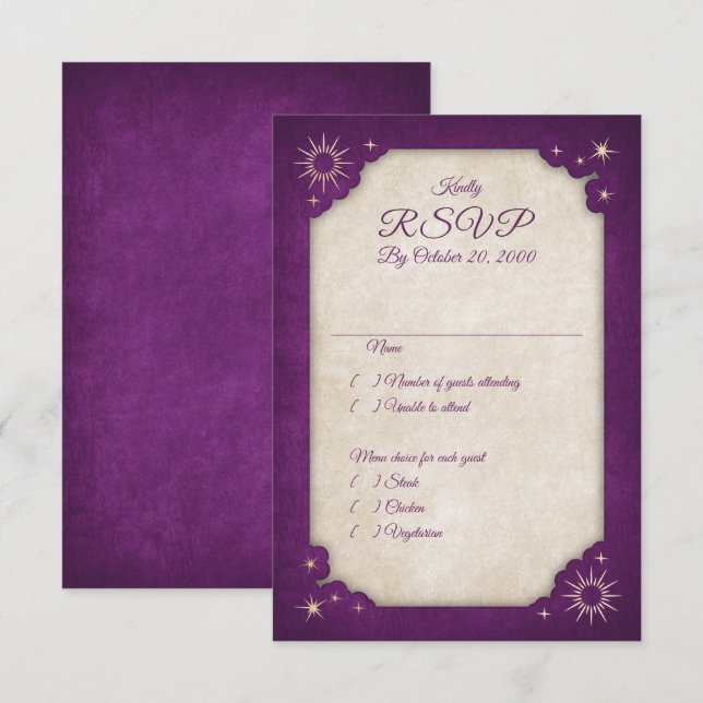 Wizard Lila Stars Owl Magic Wedding RSVP Karte (Vorne/Hinten)