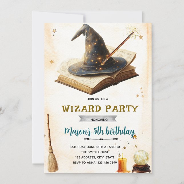 Wizard witch birthday party invitation (Devant)