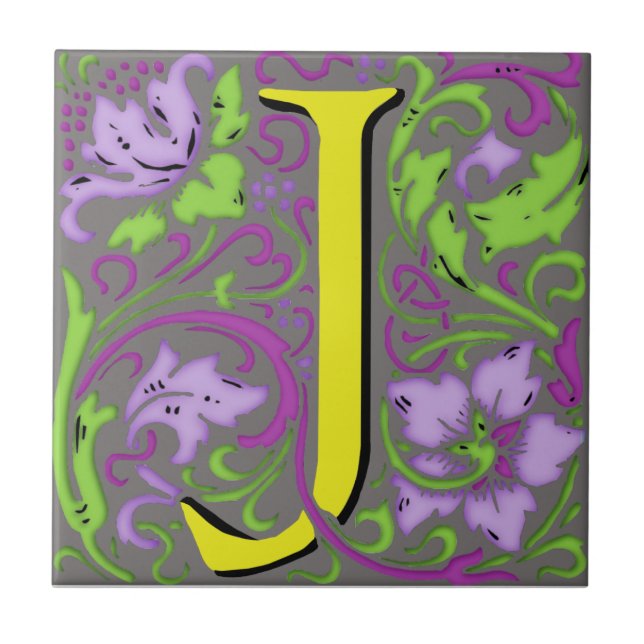 Wm Morris Verziert Letter "J" Initial Keramik Tile Fliese (Vorderseite)