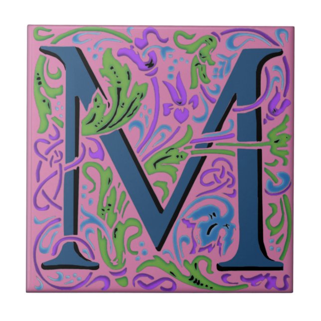 Wm Morris Verziert Letter "M" Initial Keramik Tile Fliese (Vorderseite)