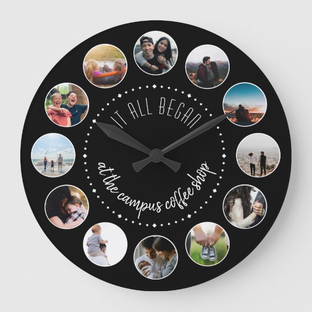 Wo alles begann Liebe-Geschichtsfoto-Collage Große Wanduhr (Vorderseite)