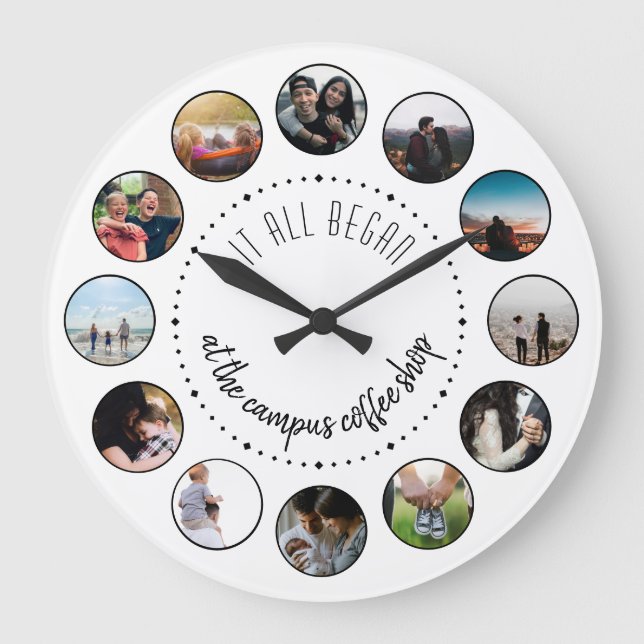 Wo alles begann Liebe-Geschichtsfoto-Collage Große Wanduhr (Vorderseite)