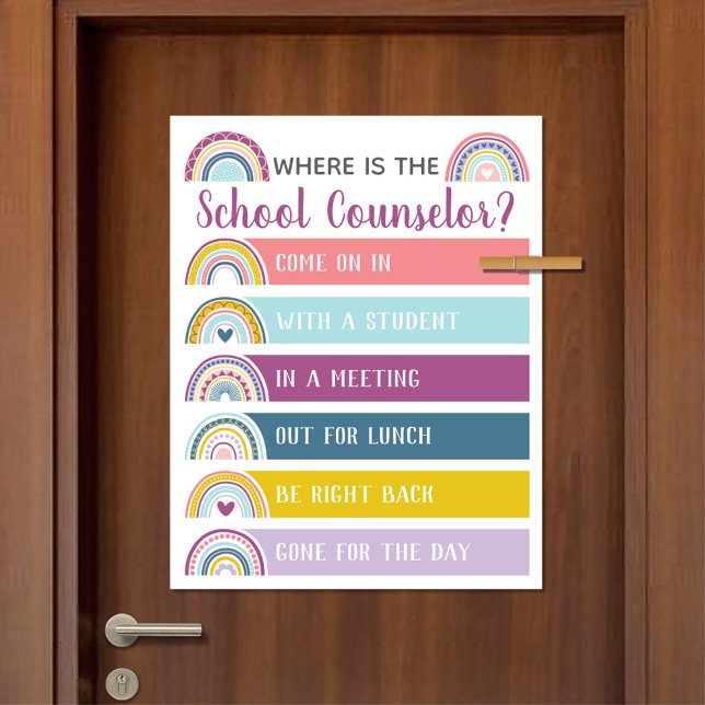 Wo befindet sich der Schulberater für Türsignatur Poster (Where Is The School Counselor Office Door Sign in Boho Rainbow Design)