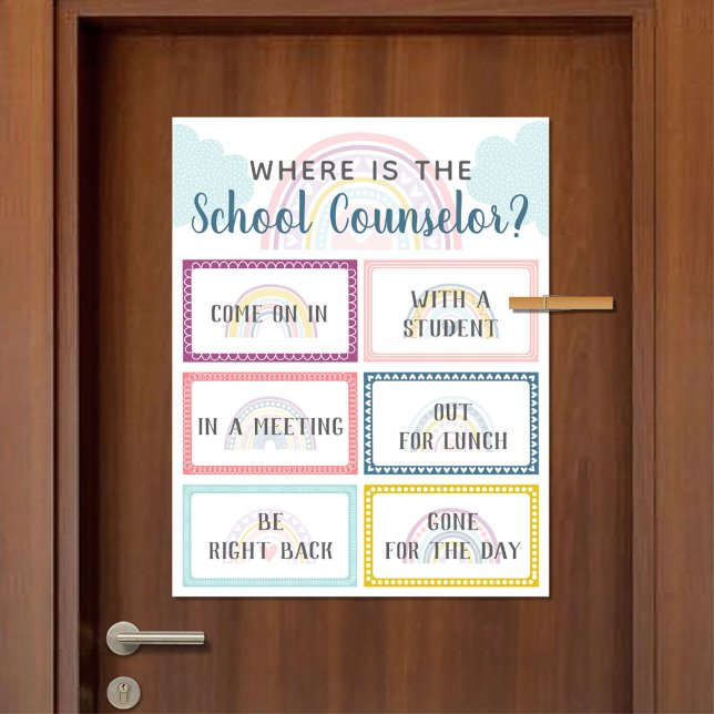 Wo befindet sich der Schulberater für Türsignatur Poster (Where Is The School Counselor Office Door Sign in Boho Rainbow Design)