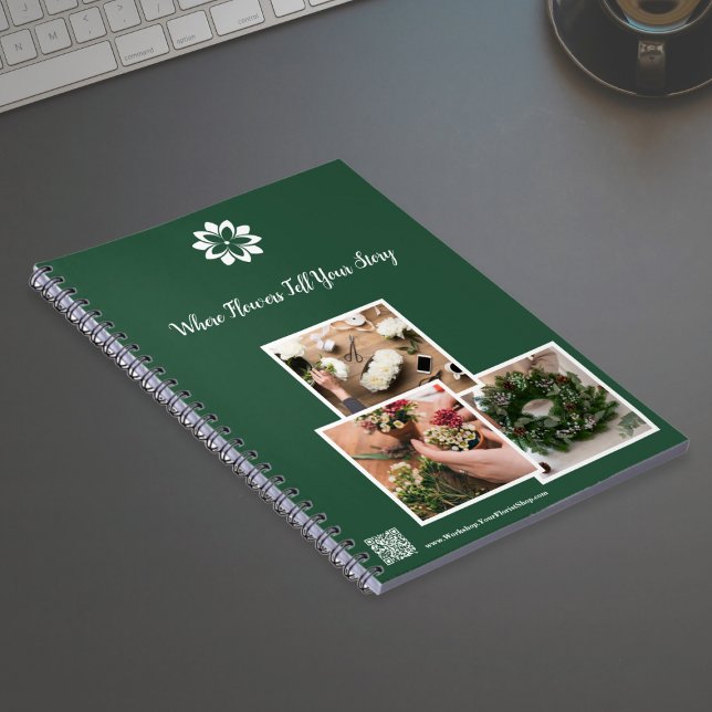 Wo Blume Ihren historischen Florist Workshop erzäh Notizblock (Where Flowers Tell Your Story Florist Workshop Notebook - Green  - Logo - Tagline - QR code)