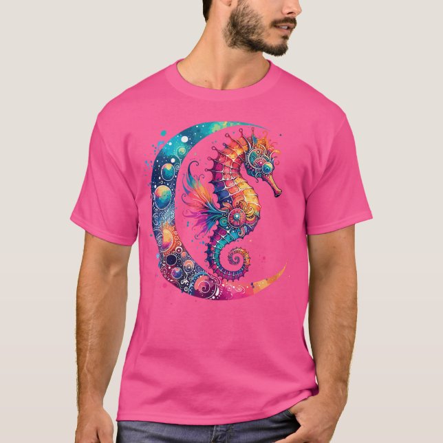 Wo Cosmic Celestial Seahorse Boho Moon T-Shirt (Vorderseite)