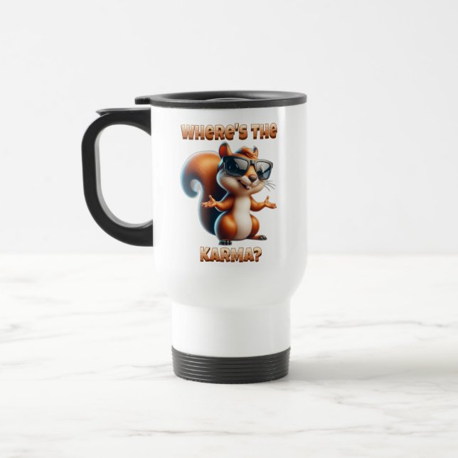 Wo ist das Karma-Funny-Eichhörnchen in Schatten? Reisebecher (Links)