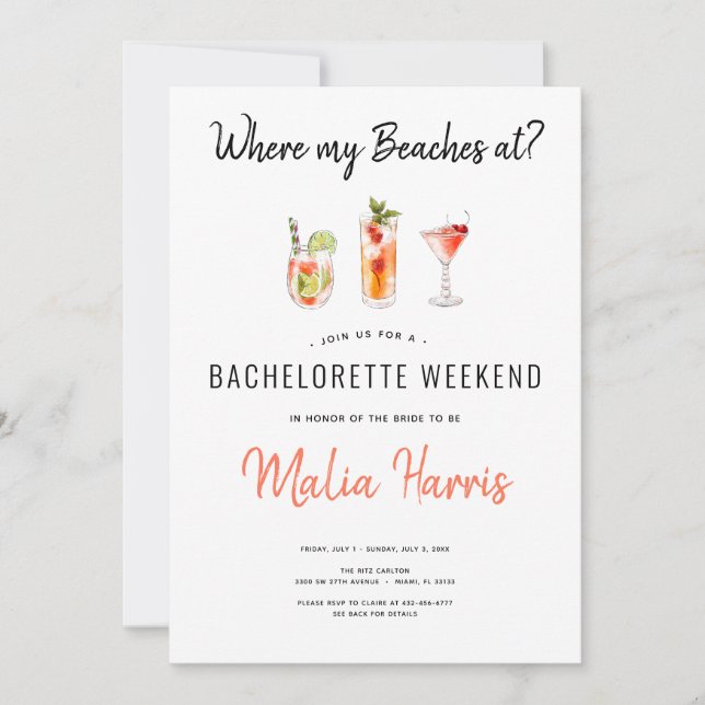 Wo sind meine Strände? Bachelorette Itinerary Einladung (Vorderseite)