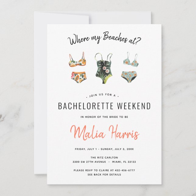 Wo sind meine Strände? Bachelorette Itinerary Einladung (Vorderseite)