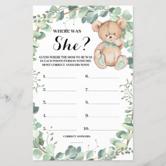 Wo war sie Bear Greenerenery Baby Shower Game Card Flyer