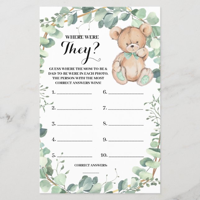 Wo waren sie Bear Greenery Shower Game Card? Flyer (Vorne)
