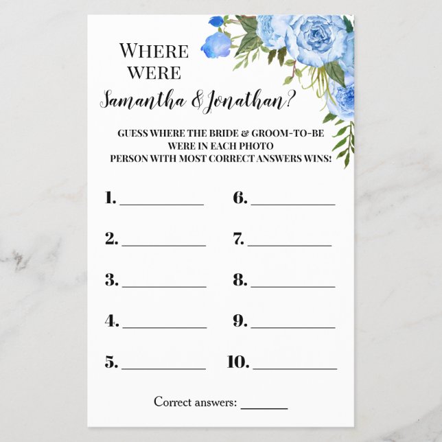 Wo waren sie Brautparty Blue Game Card? Flyer (Vorne)