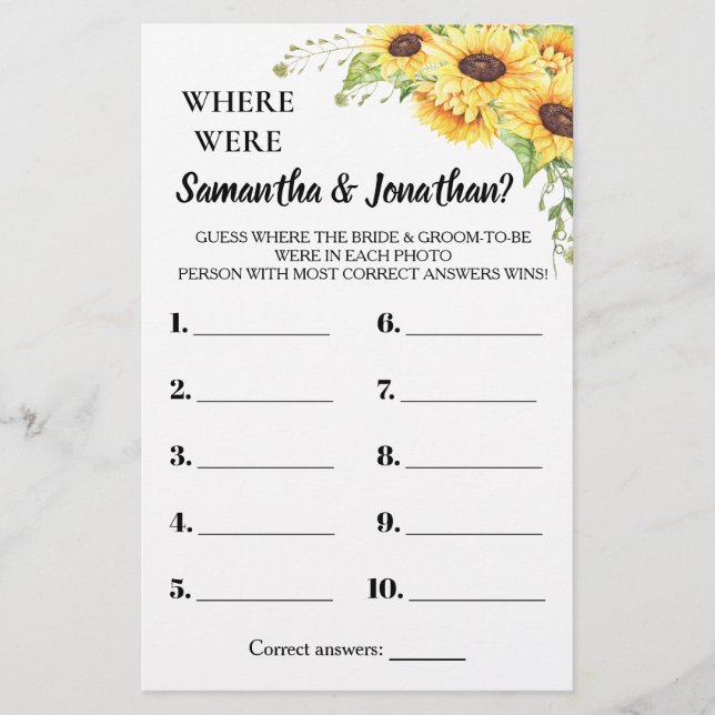 Wo waren sie Brautparty Sunflowers Game Card? Flyer (Vorne)