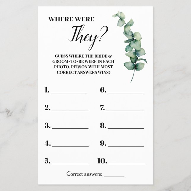 Wo waren sie Eukalyptus Brautparty Game Card? Flyer (Vorne)