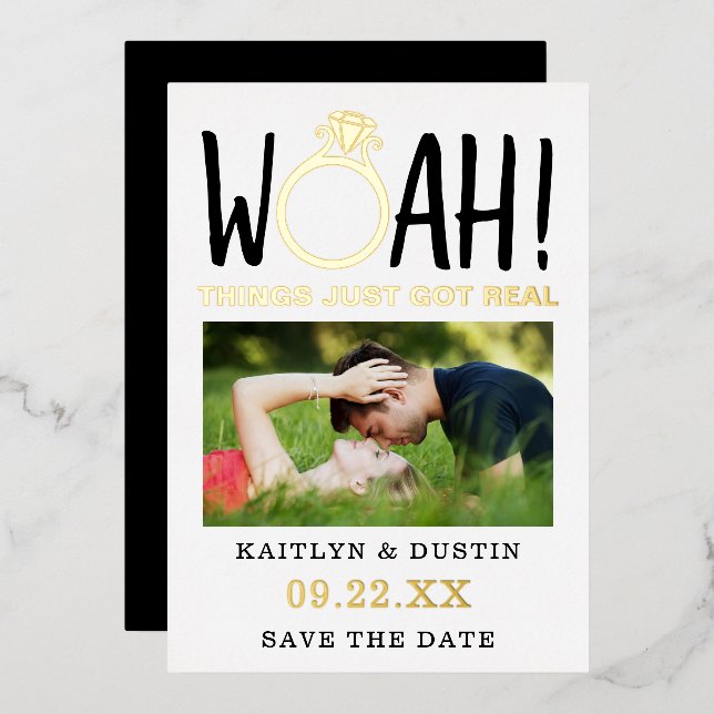 Woah Modern Foto Save the Date Real Folieneinladung (Vorderseite/Rückseite)