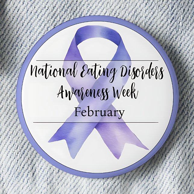 Woche der Sensibilisierung für die Essstörungen im Button (February.  National Eating Disorders Awareness Week. Periwinkle awareness ribbon.)