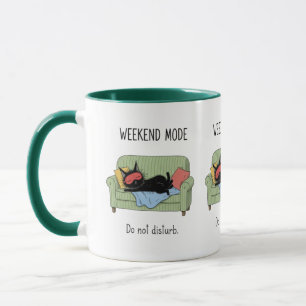 Wochenend-Modus-Katze-Kaffeetasse Lustige schwarze Tasse