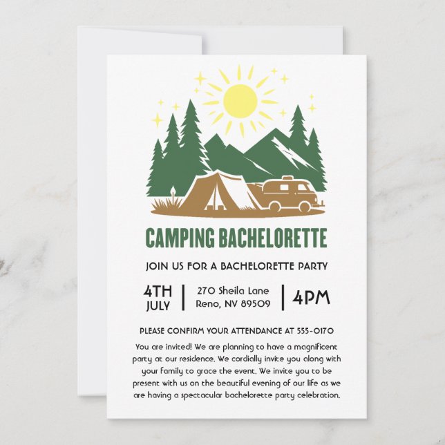 Wochenende am Camping Bachelorette Einladung (Vorderseite)
