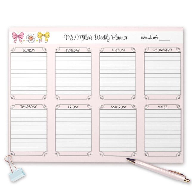 Wochenplaner Pink School Lehrer Name Tear Away Notizblock (Weekly Planner Pink School Teacher Name Tear Away Notepad)