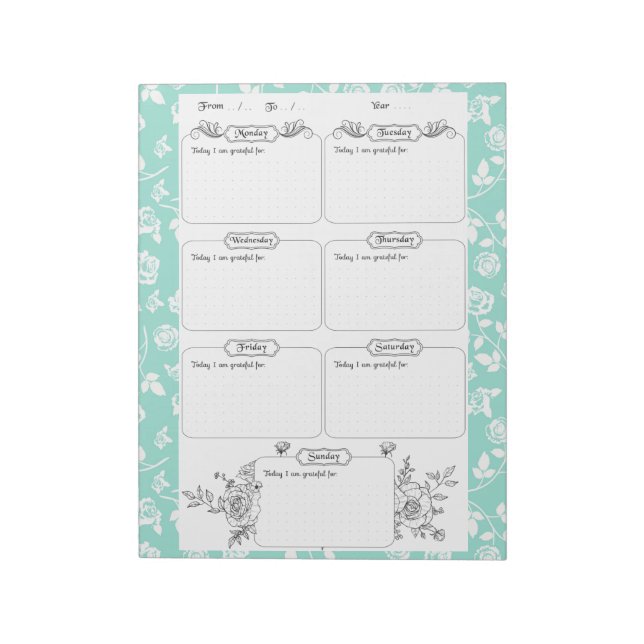 wöchentlich Dankbarkeit Journal Blue Floral Notizblock (Rotiert)