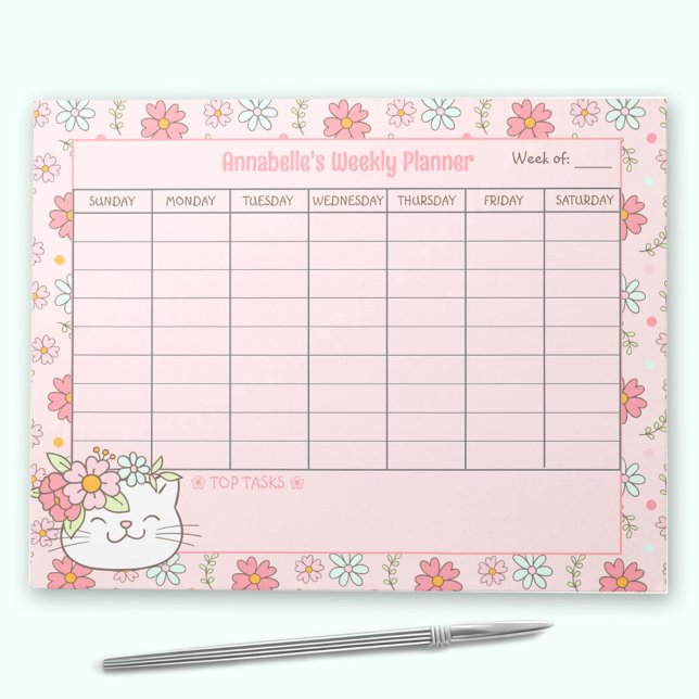 Wöchentlicher Planer Niedlich Katzenrosa Blumenzan Notizblock (Weekly Planner Cute Cat Pink Floral Name Tear Away Notepad)