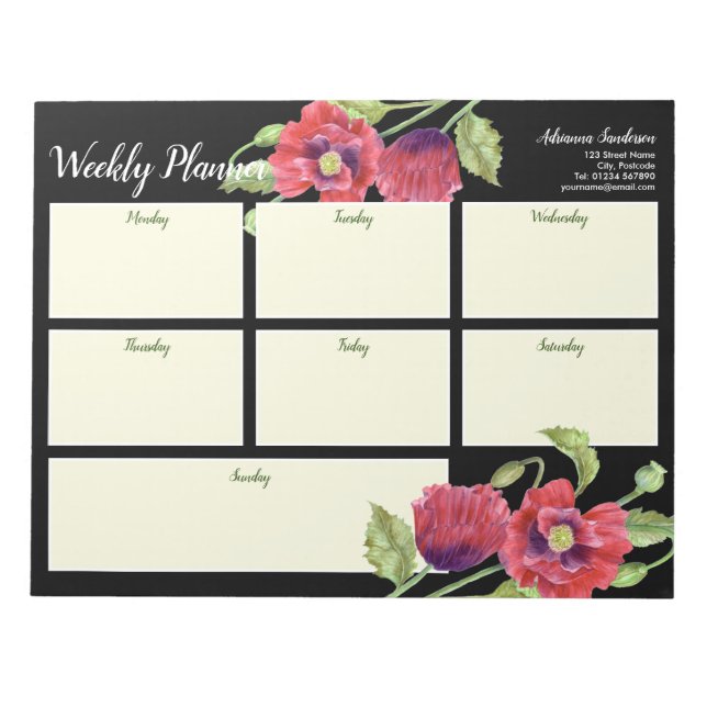 Wöchentlicher Planer Watercolor Red Poppies Black Notizblock (Vorderseite)
