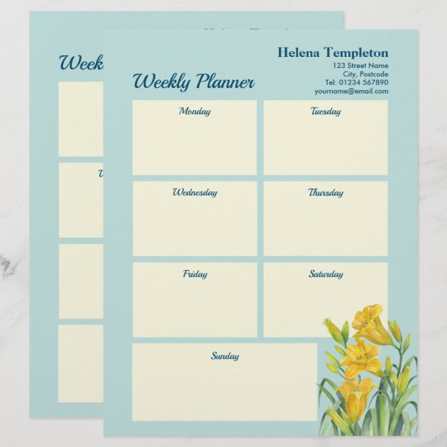 Wöchentlicher Planer Watercolor Yellow Day Lilies  Briefbogen (Vorne/Hinten)