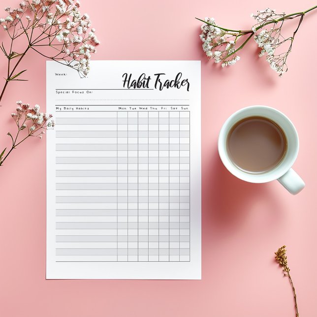 Wöchentliches Merkzettel Notizblock (Minimalist weekly planner pad with modern script and sections for daily tasks, goals, and gratitude.)