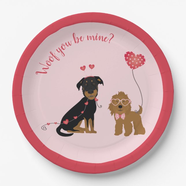 Wof you be mine Valentine Hunde Pappteller (Vorderseite)