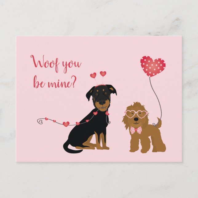 Wof you be mine Valentine Hunde Postkarte (Vorderseite)