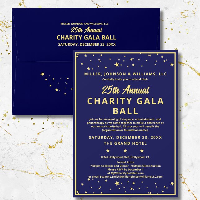 Wohltätigkeit Gala Ball Elegante Blue Gold Custom Einladung (Elegant Annual Charity Gala Ball Fundraiser Invitation in blue & gold. Also available with gold foil)