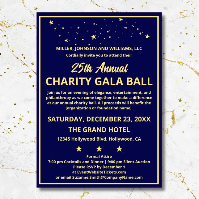 Wohltätigkeit Gala Ball Elegante Blue Gold Custom Einladung (Elevate your Charity Gala Ball with these elegant blue and gold invitations.)