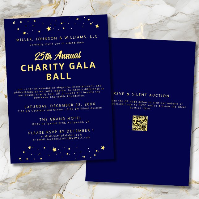 Wohltätigkeit Gala Ball Fundraiser Blue Gold Einladung (Company Charity Gala Ball Silent Auction Fundraiser Navy Blue & Gold Invitation with QR Code, Stars.)