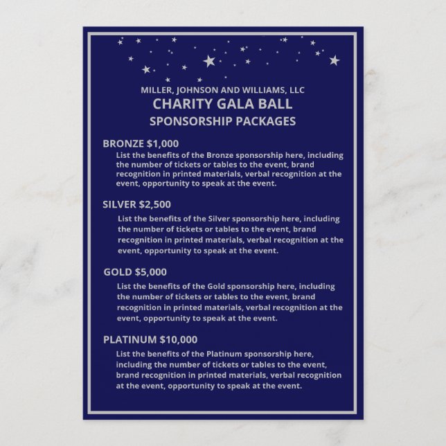 Wohltätigkeit Gala Ball Sponsoring Blue Silver Sta Ankündigung (Vorderseite)