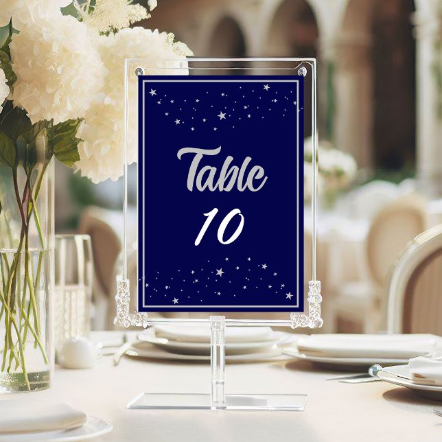 Wohltätigkeit Gala Event Elegante Silver Blue Tischnummer (Company Charity Gala Event Elegant Silver Navy Blue Table Number with Silver Stars.)